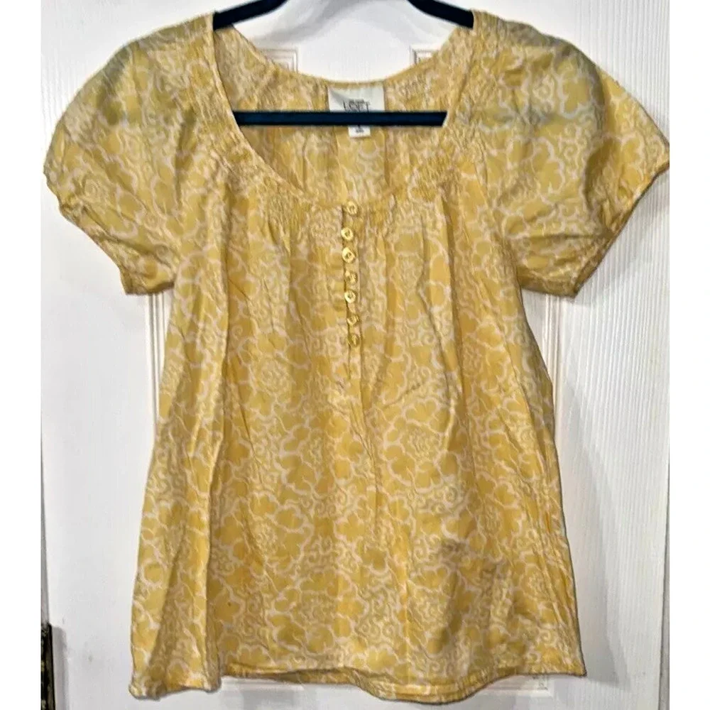 Ann‎ Taylor Loft Cap Sleeve Butter Yellow And White Blouse 100% Cotton Small